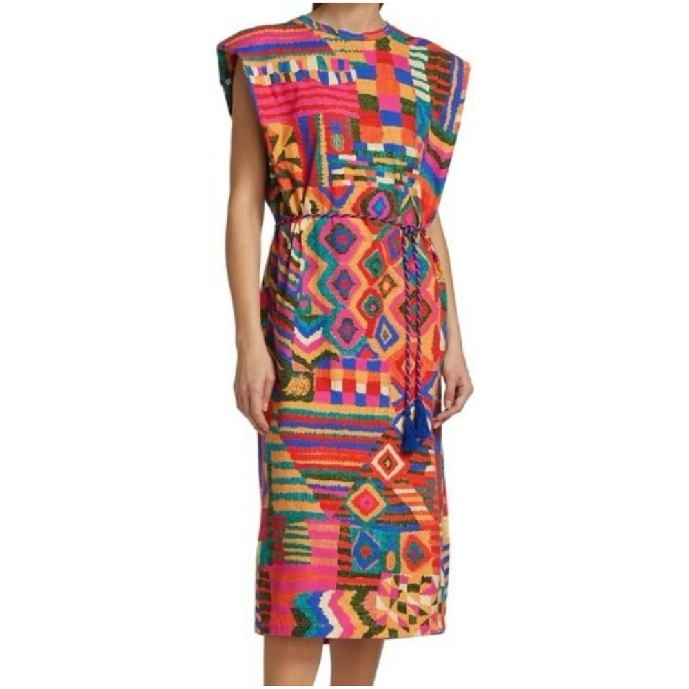 Farm Rio Patchwork Print Sleeveless Midi Dress Multi-Color Braided Tassel Belt - Picture 8 of 12